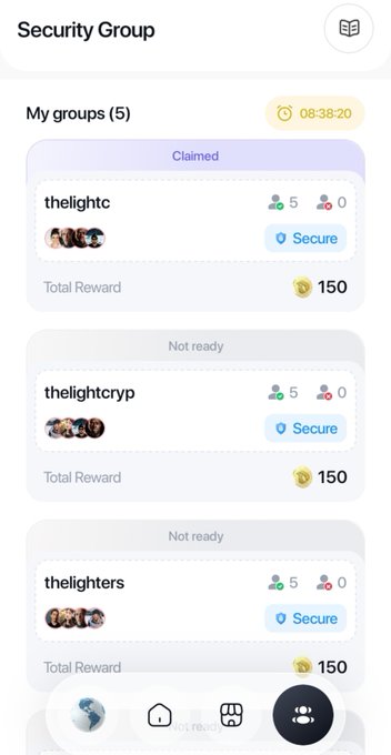 A mobile app screenshot titled 'Security Group' showing 'My groups (5)' with listed groups 'thelightc', 'thelightcryp', and 'thelighters', each marked 'Secure' with a 'Total Reward' of 150.