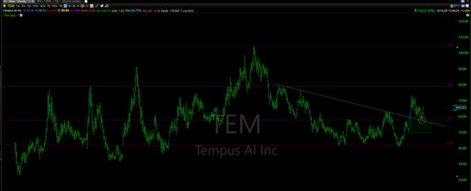 A stock chart for 'TEM Tempus AI Inc' shows a declining trendline on a dark background.