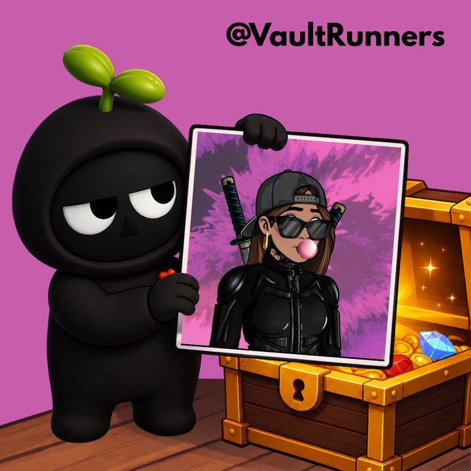 A cartoon character with a plant on its head holds up a photo of a female ninja character with sunglasses and a bubble gum bubble, with a treasure chest of gems nearby and the text '@VaultRunners' on a pink background.