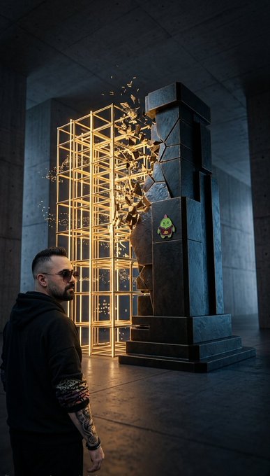 A digital artwork shows a man with tattoos and sunglasses standing before a large stone monument that is being broken apart by a glowing golden grid structure emitting particles, with a small green character embedded in the stone.
