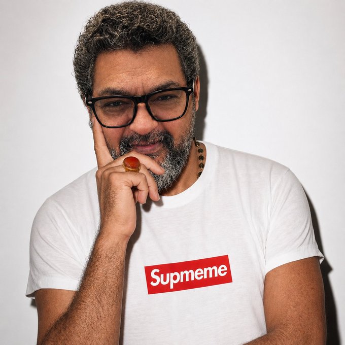A man with curly graying hair and glasses wears a white t-shirt featuring a red 'Supmeme' logo box, posing thoughtfully with his hand on his chin against a plain white background.