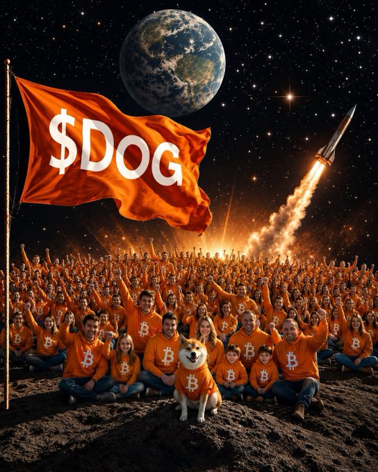 The image features a large group of people wearing orange shirts with the word "DOG" printed on them. They are sitting around a dog, which appears to be a white dog. The background shows a rocket flying through space above the crowd. The caption reads "In the $DOG Army there’s no big or small …" and "Every holder matters …."