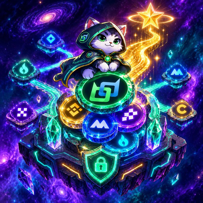 A digital illustration of a hooded cat sitting on a floating platform surrounded by various cryptocurrency coin symbols including Solana (SOL), Binance (BNB), and Monero (XMR) against a cosmic galaxy background.