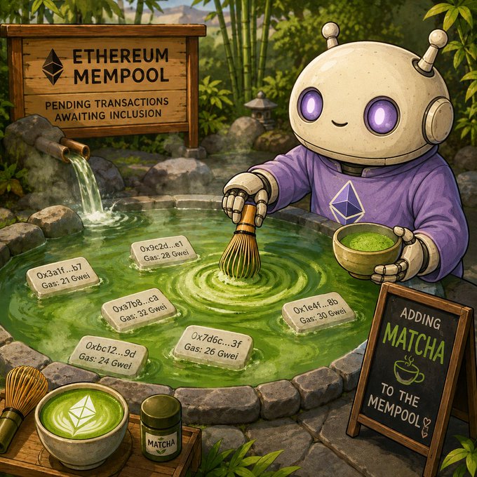 A cute robot in an Ethereum hoodie whisks matcha into a stone pool labeled "ETHEREUM MEMPOOL - PENDING TRANSACTIONS AWAITING INCLUSION," while transaction hashes like "0x3aff..b7" and "0x7b8..ca" float on the green surface with gas fees shown in Gwei (e.g., "Gas: 21 Gwei," "Gas: 32 Gwei"). A chalkboard advertises "ADDING MATCHA TO THE MEMPOOL," playfully tying the EIP-7702 / "MATCHA" concept of shared mempool capacity to the image of mixing transactions like a cup of tea.