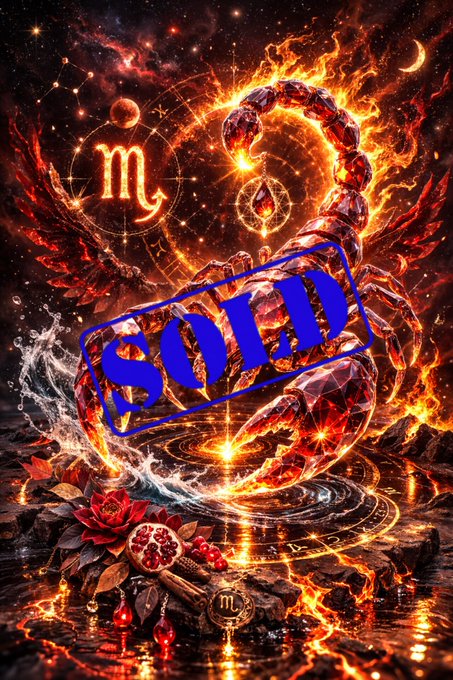 The image features a poster with a red and blue scorpion, surrounded by stars and planets. The words "SOLD" are written in blue above the scorpion, while the word "@xrpcafe" is below it. The poster also includes a rose and a pomegranate as part of its design elements. The image seems to be related to astrology or zodiac signs, with the scorpion being associated with the sign Cancer.