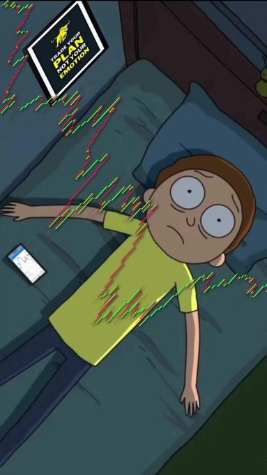 An animation of Morty from Rick and Morty lying on a bed with a glitch effect, looking at a phone with a book titled 'TRANSDIMENSIONAL BABY ANIMAL EMOTIONS' nearby.