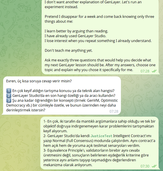 A bilingual chat conversation in English and Turkish discussing GenLayer Studio, with user responses explaining preferences for debate, experience with the platform, and understanding of the Equivalence Principle.