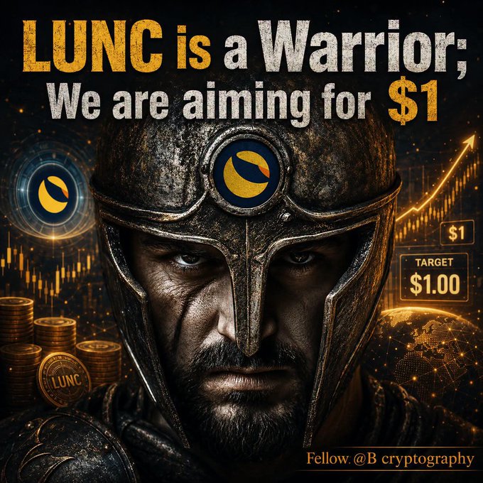 A dramatic promotional image features a warrior in a helmet with the text 'LUNC is a Warrior; We are aiming for $1,' showing LUNC coins, a price target of $1.00, and the credit 'Fellow. @B cryptography'.
