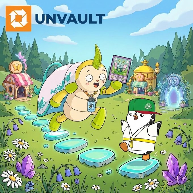 A colorful cartoon image featuring the "UNVAULT" logo and brand name, depicting a green turtle-like creature holding a digital trading card alongside a penguin dressed in a martial arts uniform, set in a vibrant magical garden with portals, crystals, and flower-adorned buildings—illustrating the omnichain NFT marketplace and launch platform promoted in the giveaway post.