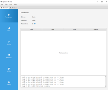 A screenshot of the Sparrow-1.6.4 Bitcoin wallet software showing an empty Transactions page with 0 sats balance and ongoing syncing logs.