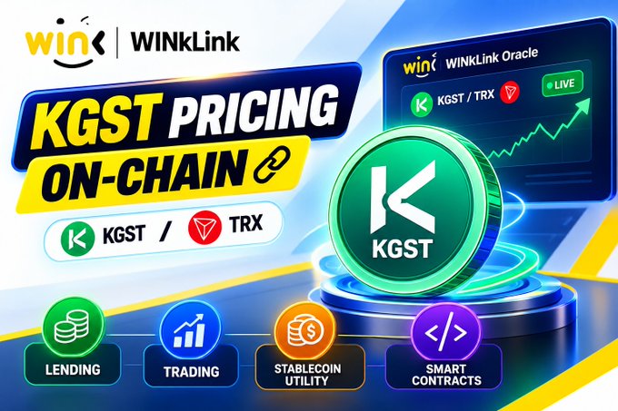 A promotional graphic for 'WINKLink' displays 'KGST PRICING ON-CHAIN' alongside the KGST/TRX ticker and icons for lending, trading, stablecoin utility, and smart contracts.