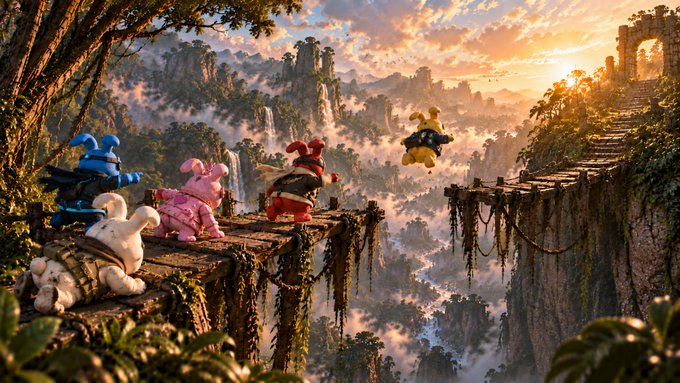 A whimsical scene shows colorful inflatable animal characters, including a dragon and a teddy bear, exploring a lush, mystical landscape with waterfalls and stone bridges at sunset.