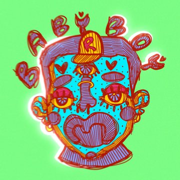 A psychedelic illustrated face in pink and blue with heart and eye motifs, surrounded by the word "PEACE" in red on a green background.