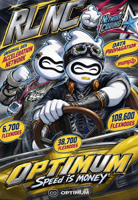 An anime-style promotional graphic for RLNC features two characters in a yellow car, with text including 'UNIVERSAL DATA ACCELERATION NETWORK', 'NETWORK CODING', 'DATA PROPAGATION', 'mump2p', 'OPTIMUM', and 'SPEED IS MONEY', noting various FLEXNODE counts.