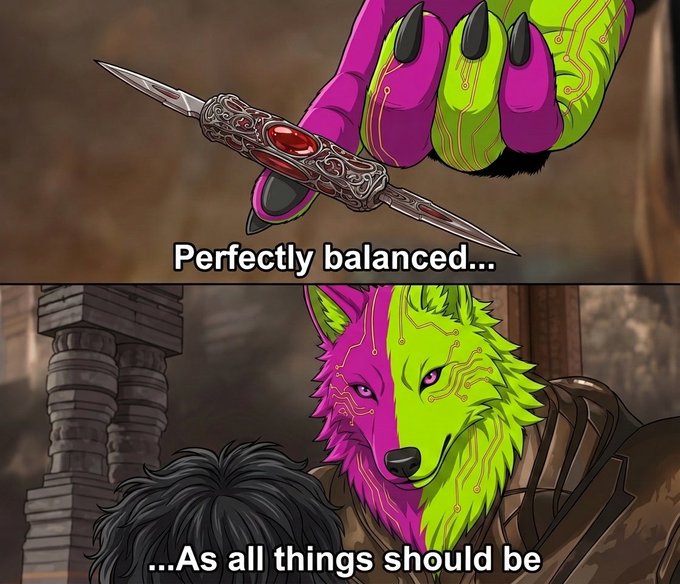 A two-panel meme featuring a brightly colored pink and green wolf: the top panel shows a paw delicately balancing a dagger with the text "Perfectly balanced...", and the bottom panel shows the wolf's face with "...As all things should be".