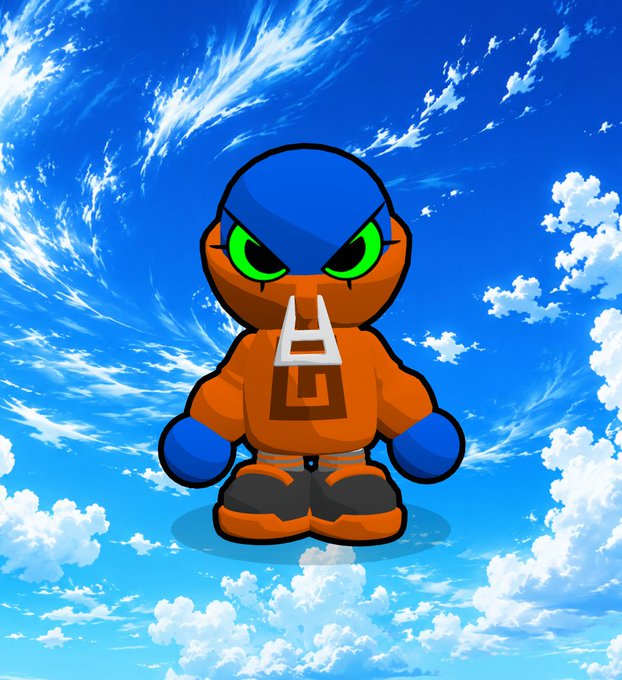 An illustration of an orange and blue luchador-style mascot character with green eyes, wearing boxing gloves and shoes, set against a bright blue sky with swirling clouds.