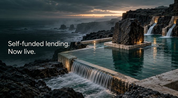 An advertisement shows a dramatic coastal scene with infinity pools and waterfalls, overlaid with the text 'Self-funded lending. Now live.'