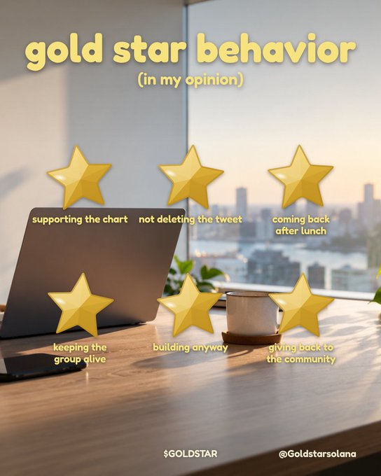An infographic titled 'gold star behavior (in my opinion)' by @Goldstarsolana listing six positive behaviors with gold stars: supporting the chart, not deleting the tweet, coming back after lunch, keeping the group alive, building anyway, and giving back to the community, displayed over a desk scene with a laptop and city view.