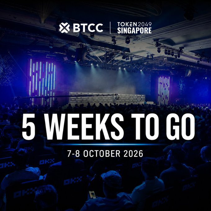 A promotional image for 'BTCC TOKEN2049 SINGAPORE' with text reading '5 WEEKS TO GO' and '7-8 OCTOBER 2026' over a photo of a conference audience.