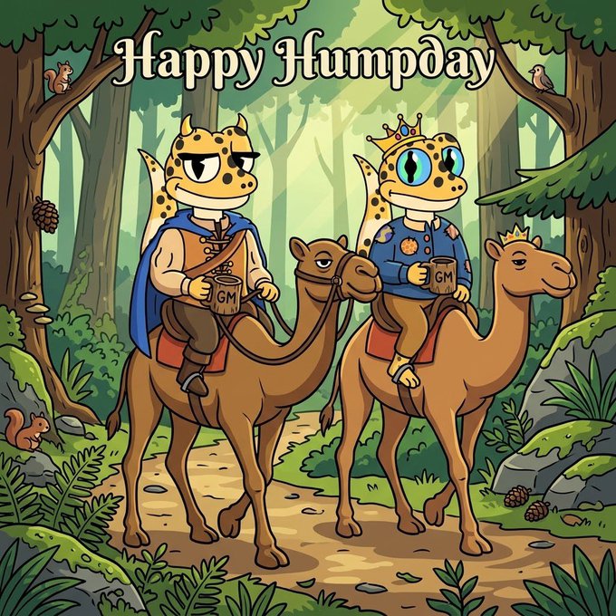 A colorful cartoon illustration shows two gecko-like characters riding camels through a forest, with one wearing a crown, holding mugs labeled "GM", and the text "Happy Humpday" displayed at the top.