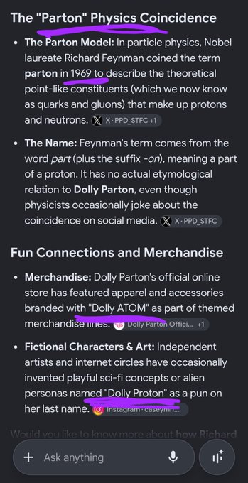 A screenshot of an AI chatbot response titled "The 'Parton' Physics Coincidence," explaining that Nobel laureate Richard Feynman coined the term "parton" in 1969 to describe proton constituents, noting the humorous naming coincidence with country star Dolly Parton. The image also lists "Fun Connections and Merchandise" featuring Dolly ATOM branded items.