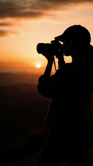 A silhouetted photographer wearing a cap captures a golden sunset with a DSLR camera, symbolizing the contemplative exploration of emerging ventures. The scene's quiet, observational mood mirrors the post's tone of carefully investigating @ActionModelAI's work at the intersection of AI and Web3.