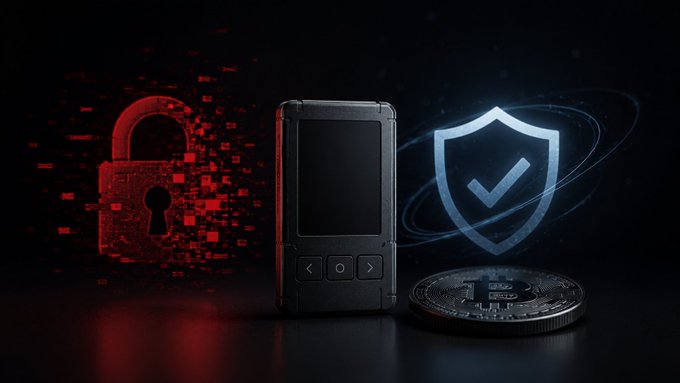 A hardware wallet sits between a red glowing padlock on the left and a silver Bitcoin beside a blue security shield with a checkmark on the right, visually representing the balance of risk and protection in cryptocurrency storage. The imagery complements the post's message about hardware wallet security, highlighting that safeguarding crypto extends beyond offline key storage to include secure key generation.