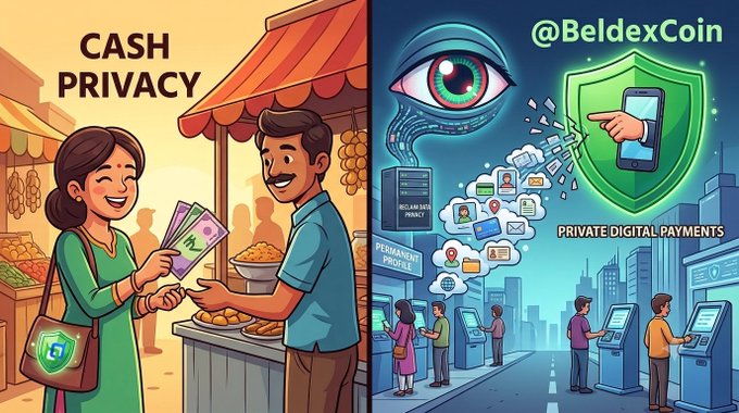 A split illustration comparing 'CASH PRIVACY' (left, showing a woman paying a vendor with local currency at a market) and '@BeldexCoin PRIVATE DIGITAL PAYMENTS' (right, showing futuristic kiosks, a shield icon, and an eye observing data).