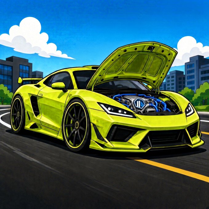 A cartoon-style digital illustration of a bright lime-green sports car with its hood open to reveal a detailed engine, parked on a road with a city skyline and blue sky in the background.