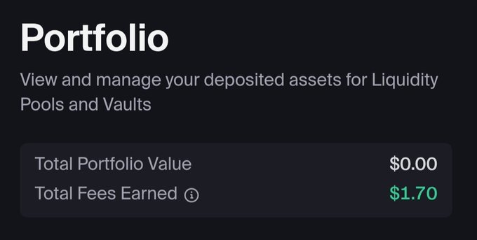 A dark UI screenshot titled 'Portfolio' showing 'Total Portfolio Value: $0.00' and 'Total Fees Earned: $1.70' for Liquidity Pools and Vaults.