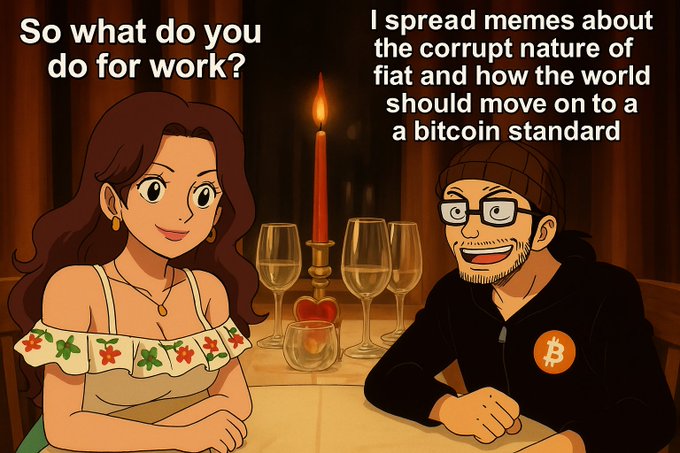 A cartoon couple sits at a candlelit dinner table, with the woman asking "So what do you do for work?" and the bearded Bitcoin enthusiast replying "I spread memes about the corrupt nature of fiat and how the world should move on to a bitcoin standard." The image humorously relates to the peaceful life caption by depicting the calm domestic contentment of a devoted crypto evangelist simply sharing memes online.