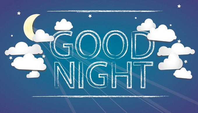 A blue 'GOOD NIGHT' graphic designed with glowing neon-style lettering, decorated with white clouds, stars, and a yellow crescent moon.