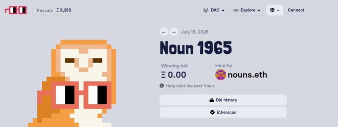 Nouns DAO interface showing Noun 1965 from July 18, 2026 with a 0.00 ETH winning bid held by nouns.eth, featuring treasury of 3,810 ETH.