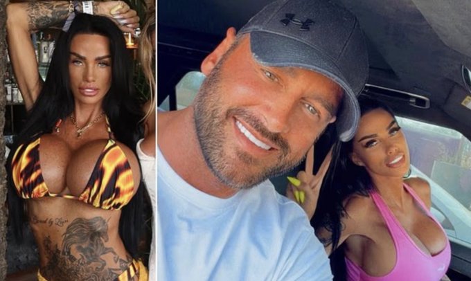 A split image showing a woman with tattoos and a flame bikini alongside a selfie of a smiling man and woman in a car.