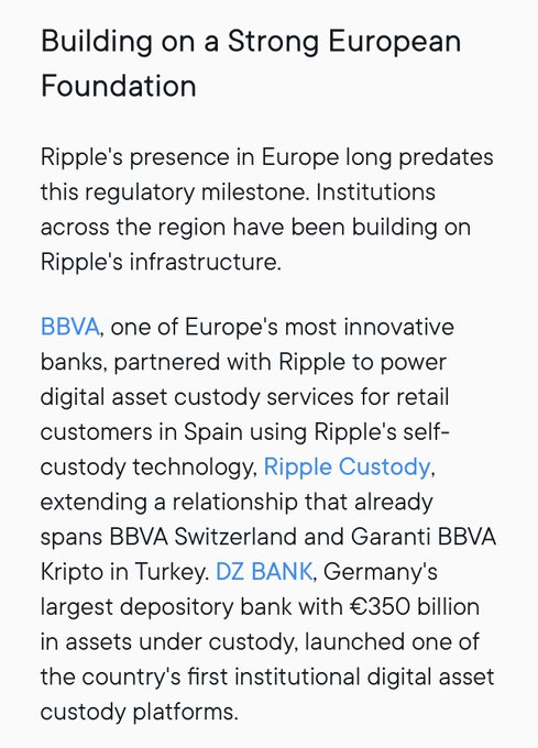 A text excerpt from a Ripple article headlined "Building on a Strong European Foundation," highlighting institutional partnerships with BBVA (using Ripple Custody for retail digital asset services in Spain, plus relationships in Switzerland and Turkey) and DZ BANK (Germany's largest depository bank with €350 billion in custody assets), which together illustrate Ripple's existing payments and custody infrastructure as the company secures its CASP license amid surging stablecoin transaction volumes.