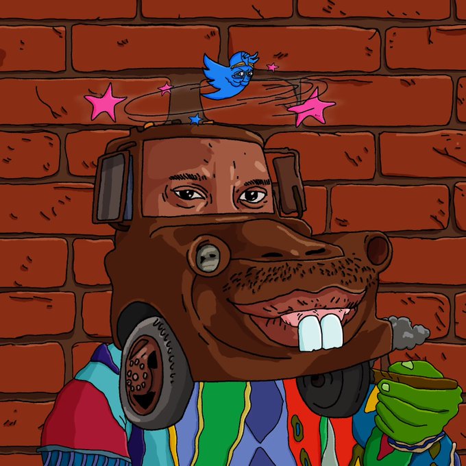 A cartoon illustration shows a hippo wearing a gas mask and headphones with the Twitter bird orbiting above its head (suggesting post-purchase euphoria), set against a brick wall background. The character also wears a colorful striped poncho and holds a glowing green item, aligning with the post celebrating a new NFT purchase featuring a July-themed character ("g00" collection).
