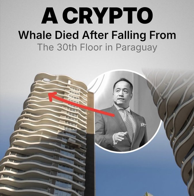 The image is a news graphic titled "A CRYPTO Whale Died After Falling From The 30th Floor in Paraguay," featuring a black-and-white photo of a man in a suit and an arrow pointing to the upper floors of a high-rise building, memorializing crypto influencer Harry Yeh (HarryYeh) following his reported death.