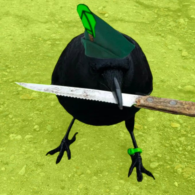 A black crow wearing a green leprechaun-style hat grips a serrated knife with a wooden handle in its beak, standing on green ground with a green ring on one leg. The image playfully illustrates the post's "Crow with Knife" meme as a Robinhood Chain token, where the knife symbolizes direct swapping or bridging from other chains, while the green hat and ring tie into the Robinhood branding referenced in the message.