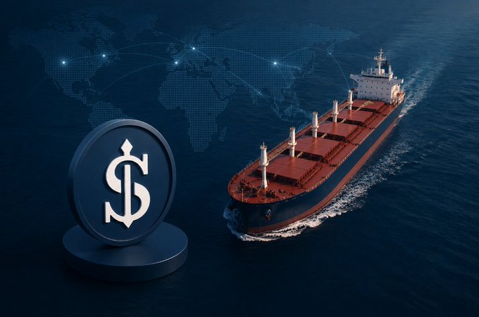 A conceptual illustration showing a large cargo ship sailing on the ocean next to a 3D dollar sign coin, with a dotted world map and glowing trade routes in the background, symbolizing global commerce and shipping.