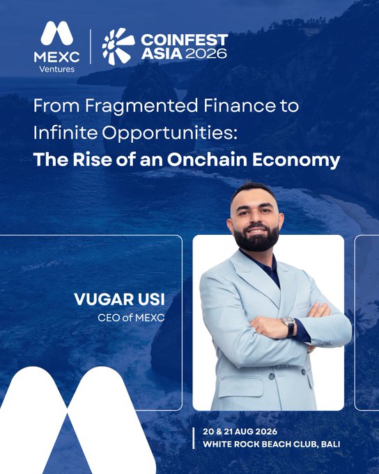 Promotional graphic for Coinfest Asia 2026 featuring Vugar Usi, CEO of MEXC, presenting "From Fragmented Finance to Infinite Opportunities: The Rise of an Onchain Economy" at the White Rock Beach Club in Bali on August 20–21, 2026, complete with MEXC Ventures and Coinfest Asia logos.