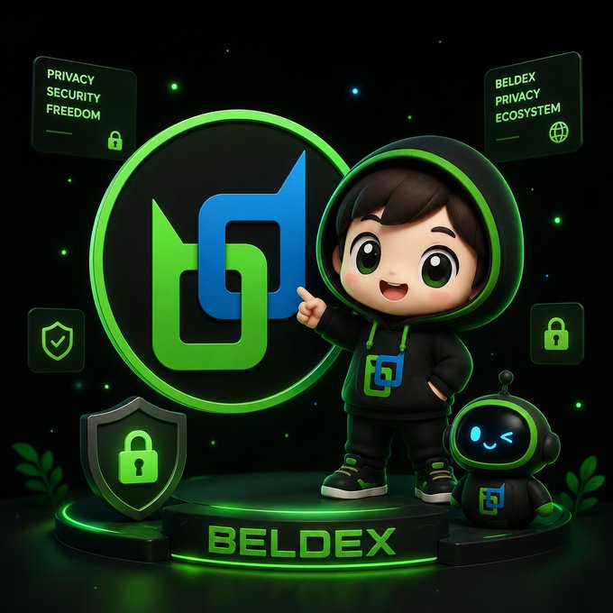 A cartoon mascot in a green-trimmed black hoodie points toward the Beldex logo, standing next to a small robot companion on a pedestal labeled "BELDEX," with floating panels displaying "PRIVACY SECURITY FREEDOM" and "BELDEX PRIVACY ECOSYSTEM." The chibi-style characters and glowing green security icons visually reinforce the post's message about Beldex expanding its privacy-focused ecosystem across its browser, BelNet, BChat, and wallet products.
