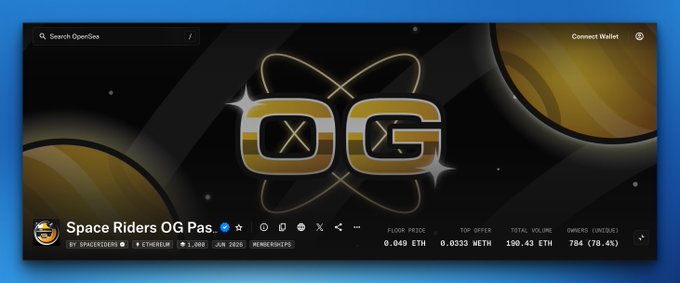 A screenshot of the Space Riders OG Pass NFT collection on OpenSea, showing a floor price of 0.049 ETH (0.0332 WETH), a top offer of 190.43 ETH, total volume of 704 ETH (70.4K), and 2,000 supply on Ethereum (Jul 2026), with the iconic gold "OG" logo prominently displayed—reflecting the post's celebration of the collection's growth from free 2022 STAR token mints into a thriving private trading community.