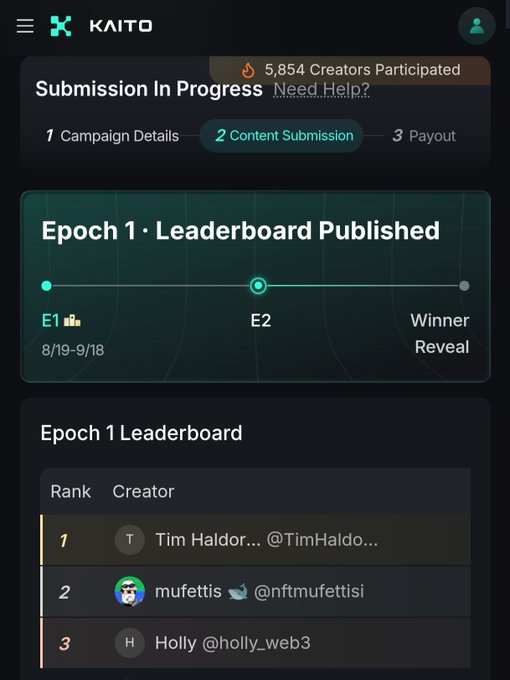 A screenshot of the KAITO platform showing a 'Submission In Progress' page with 'Epoch 1 Leaderboard Published' and a leaderboard listing Tim Haldor, mufettis, and Holly.