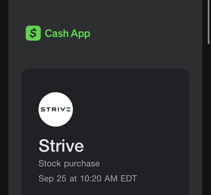 Cash App mobile screen showing a 'Strive' stock purchase notification dated Sep 25 at 10:20 AM EDT.