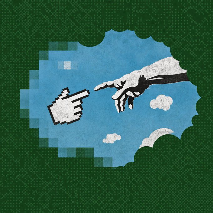A digital artwork showing a pixelated computer cursor hand and a human hand almost touching, set against a blue sky with clouds and framed by a jagged green pixelated border.