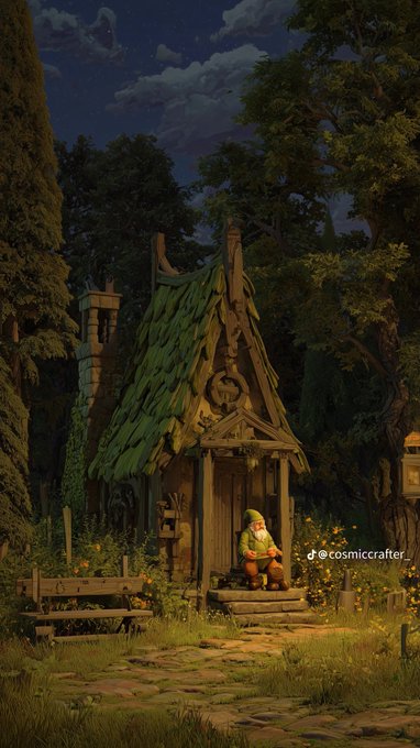 A gnome sits on the steps of a small, mossy cottage under a twilight sky, with the watermark "@cosmiccrafter" visible on the right. The whimsical, fairy-tale scene mirrors the cozy, comforting tone of the post's invitation to seek encouragement from a pinned message.