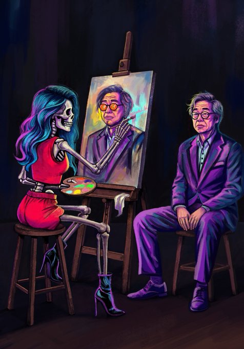 A colorful digital painting depicting a skeleton woman with blue hair painting a portrait of an older man in a purple suit, who sits beside the easel.