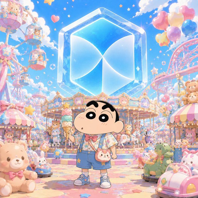 A whimsical pastel-colored illustration featuring Crayon Shin-chan holding ice cream in front of a glowing hexagonal crystal at a fantasy amusement park filled with teddy bears, bunnies, dinosaurs, and balloons.