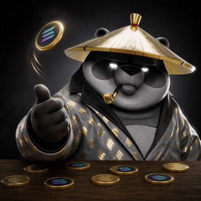 A panda wearing a golden conical hat and a patterned robe gives an approving thumbs-up while smoking a pipe, with Solana (SOL) coins—alongside traditional gold coins—spinning and resting on a wooden table. The image ties to the post's message of confident optimism ("GM and Namaste"), embodying a Zen-like assurance that success is possible without needing to know every detail in advance.