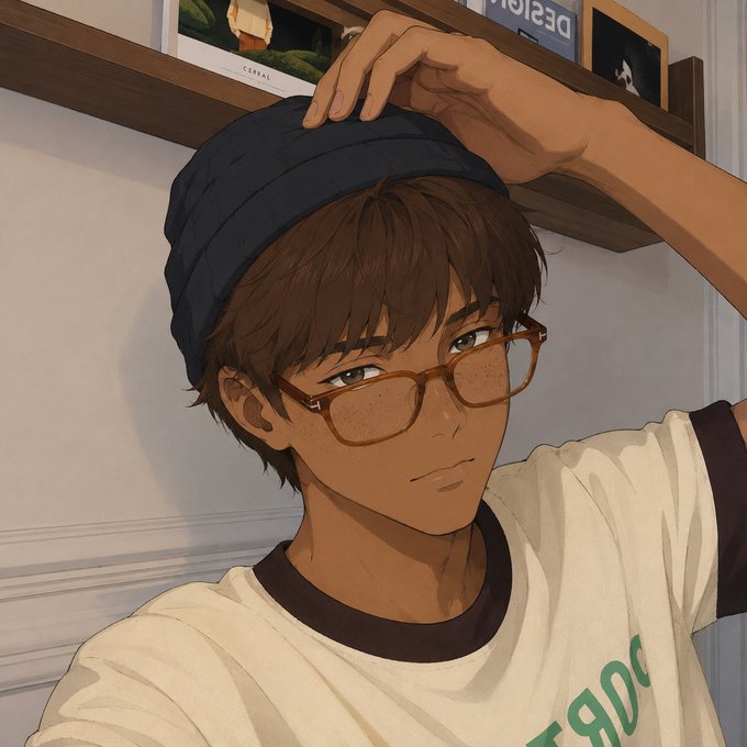 An anime-style illustration shows a young man with brown hair, a dark beanie, and tinted glasses adjusting his hat while wearing a white t-shirt, with bookshelves visible in the background.